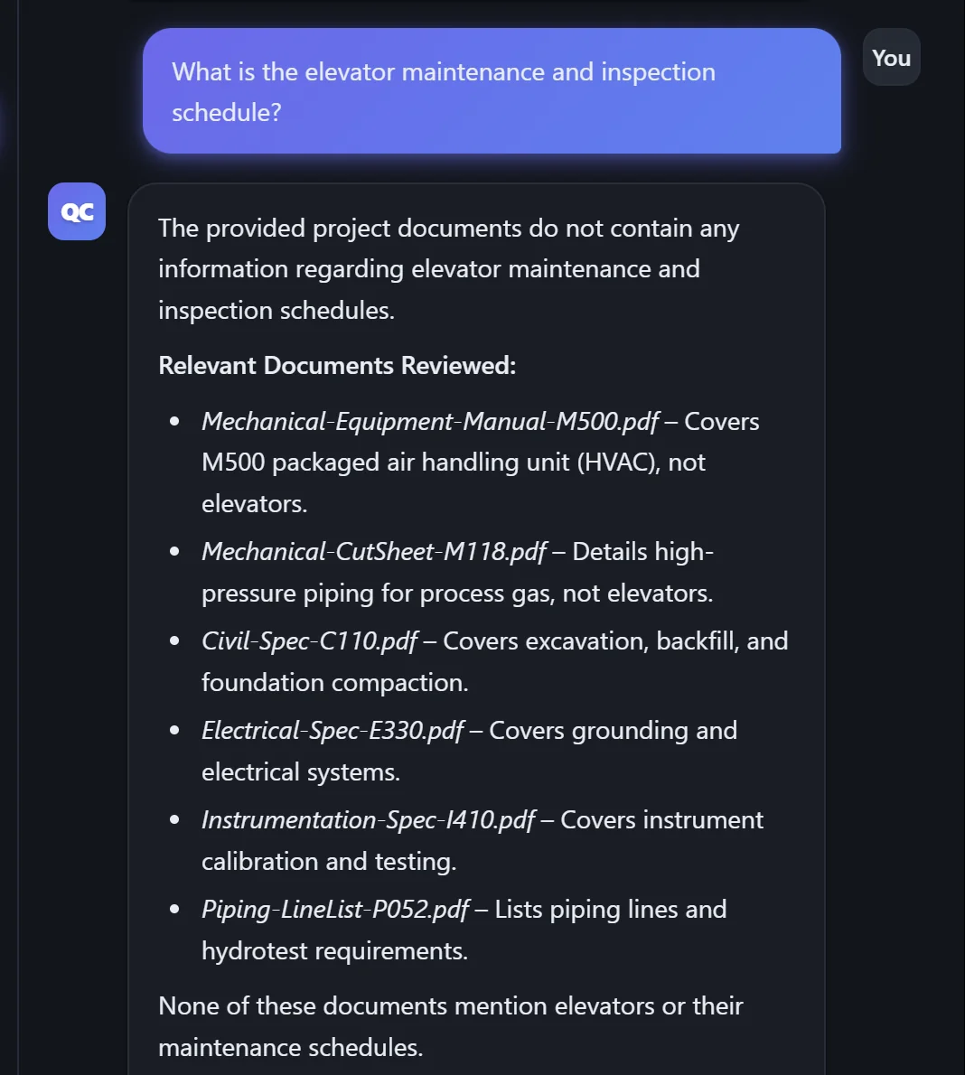 QcHelper honestly answering that the information is not in the indexed documents